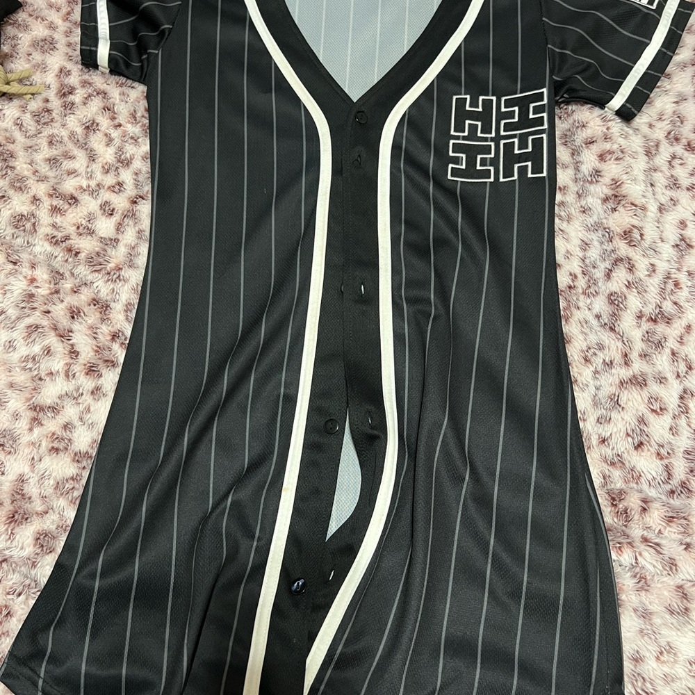 Black and White Pinstripe Button-Up Jersey Dress
